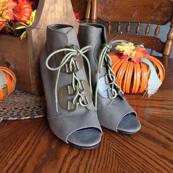 Taupe Peep Toe Booties - Picture 1 of 8